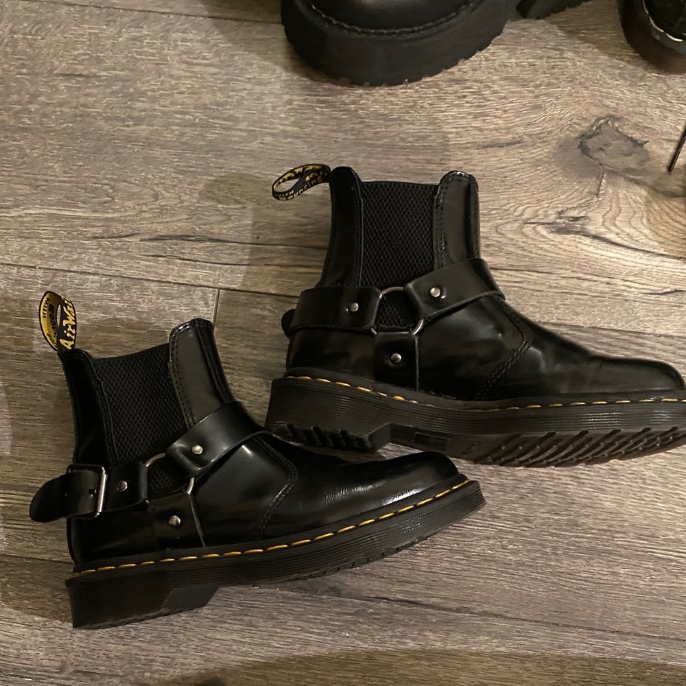 Dr. Martens Black Leather Chelsea Harness Boots with Yellow Stitching